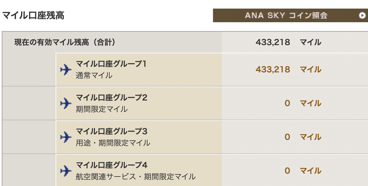ANAマイルの残高