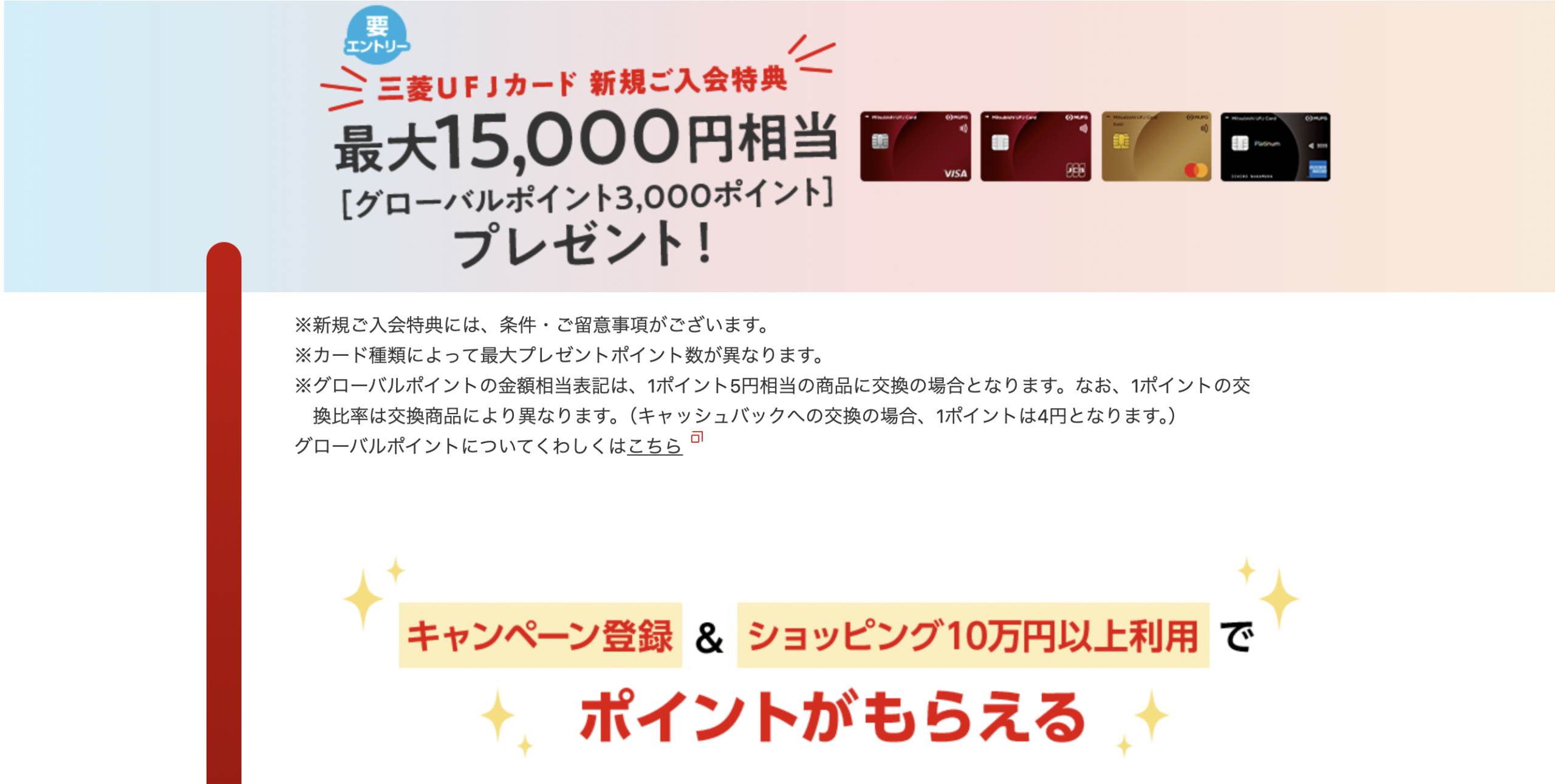 最大15,000円相当の三菱UFJカード新規入会特典のアイキャッチ画像