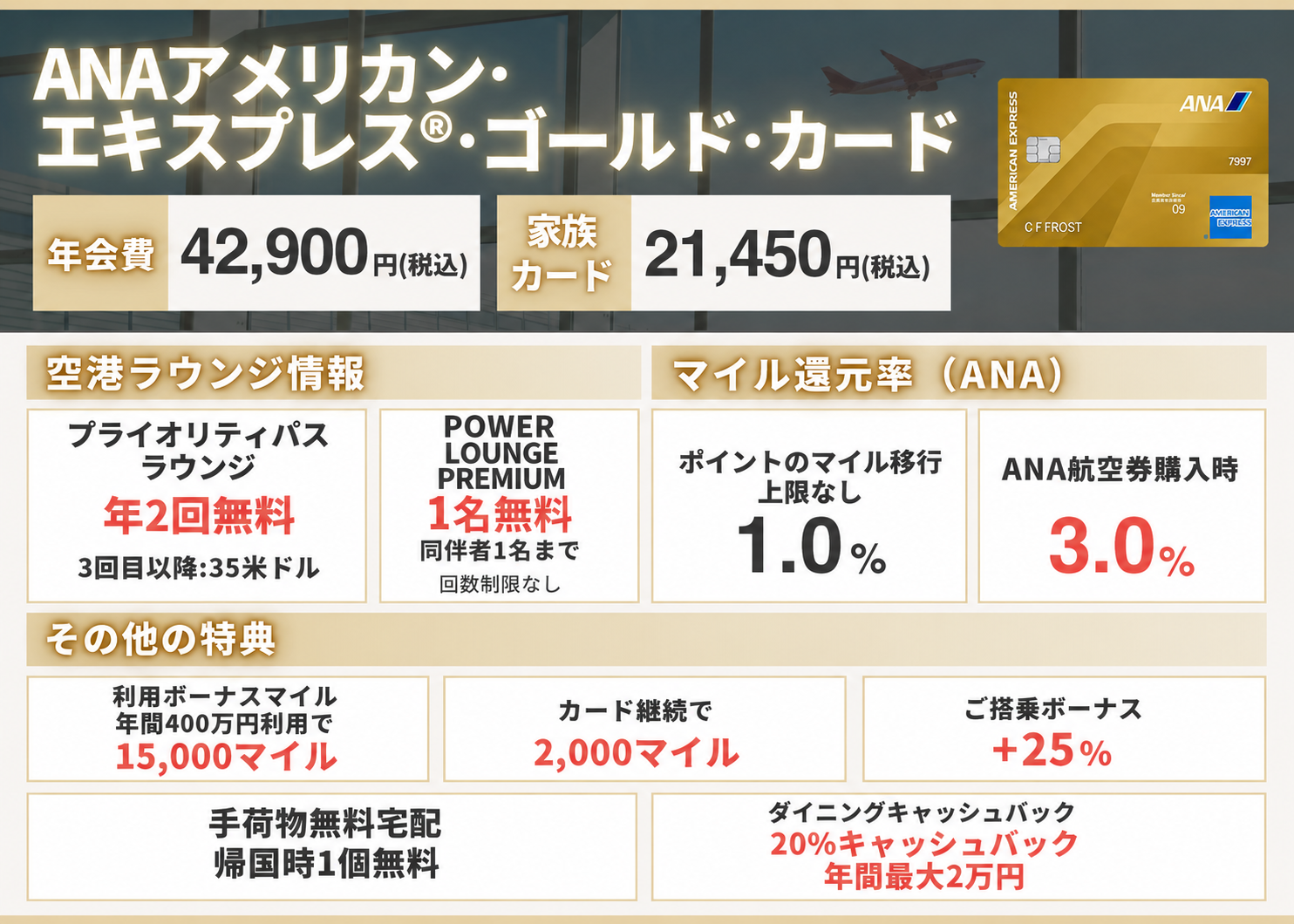 ANAアメックスゴールドカードの情報をまとめたオリジナル図解表
